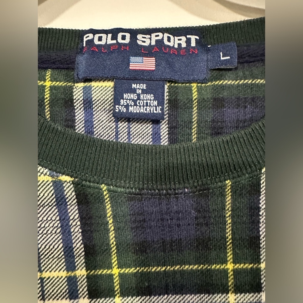Vintage POLO Sport RALPH LAUREN Men's L Pullover Sweatshirt Plaid Green Blue - Picture 4 of 6